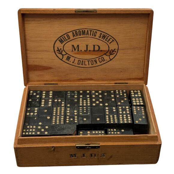 Antique Wooden Dominos with Lion and Cigar Box - Picture 1 of 8